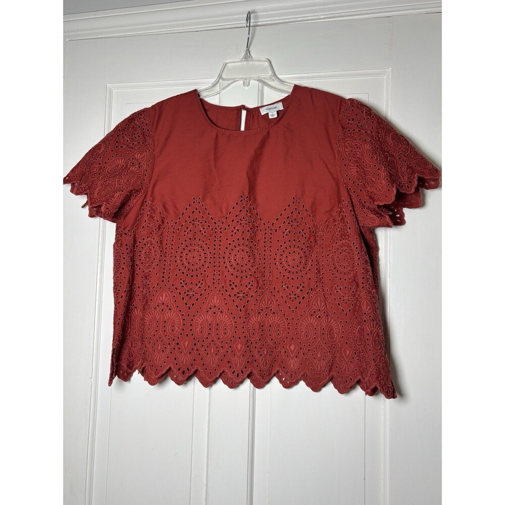 CeCe Cotton Eyelet Embroidered Short Slve Rust Top w/a Scalloped Hem Women’s XL